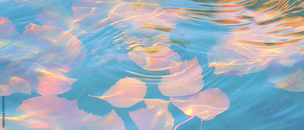 Poster ripples on tranquil water with floating leaves creating a serene natural atmosphere