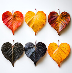 Obraz premium dried leaves in various shades and shapes, arranged on a white background