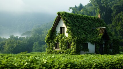 Obraz premium A charming cottage engulfed in lush green ivy, surrounded by serene nature, set against a backdrop of soft mist and vibrant foliage.