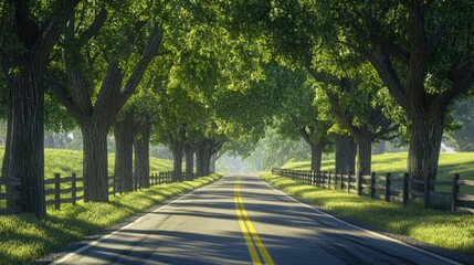 Fototapeta premium A peaceful, tree-lined road with a yellow centerline, offering a serene and inviting atmosphere for a tranquil journey.