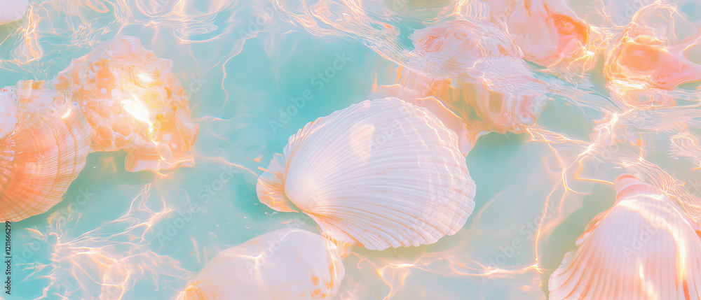 Poster abstract design of seashells and mermaid scales in vibrant beach-themed background