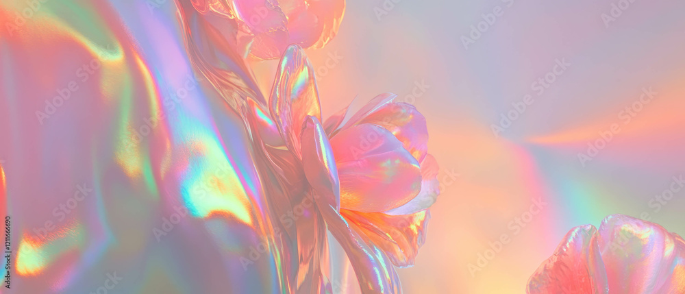Poster soft holographic background with flowers and elegant space for branding