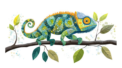 Obraz premium chameleon camouflage on tree branch vector whitebackground