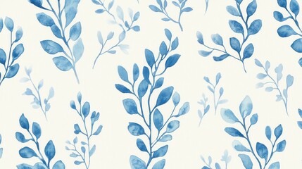 Fototapeta premium Blue watercolor leaf pattern, seamless design, white background, textile print