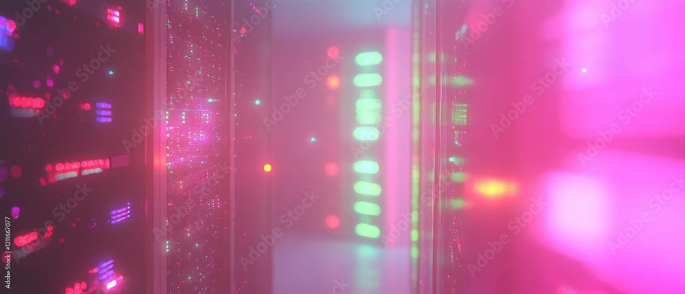 Poster Stylized visualization of data servers with vibrant lights in a data center environment