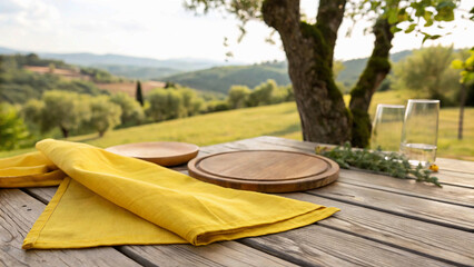Obraz premium Yellow fabric cloth, wood, placemat on wood table top with nature,Yellow Fabric Cloth and Wooden Placemat on Rustic Wood Table with Nature Landscape in the Background