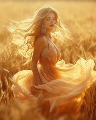 Obraz premium elegant woman in a flowing dress, dancing joyfully in a golden wheat field under the sunlight