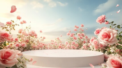 A podium surrounded by blooming spring roses, with gentle petals falling and a peaceful sky, creating a tranquil and picturesque setting.