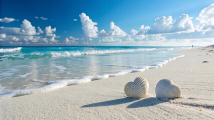 Obraz premium Tranquil beach scene with two heart shaped seashells on clean sand, gentle ocean waves, crystal-clear blue water, bright sky with fluffy clouds, peaceful minimal atmosphere