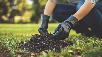 Fototapeta premium Woman gardening, planting soil outdoors, sunny park background, spring planting.