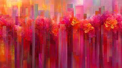 Painting of colorful flowers with a vibrant background in a decorative style