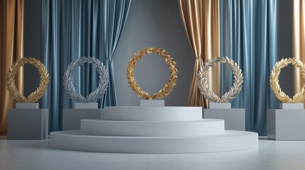 A polished podium adorned with golden, silver, and bronze laurel wreaths and vibrant ribbons, set against a neutral gray background for an award ceremony.