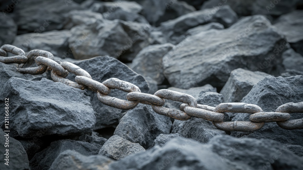 Aufkleber a powerful image showing a broken chain on jagged gray rocks with a dark, dramatic background, symbo