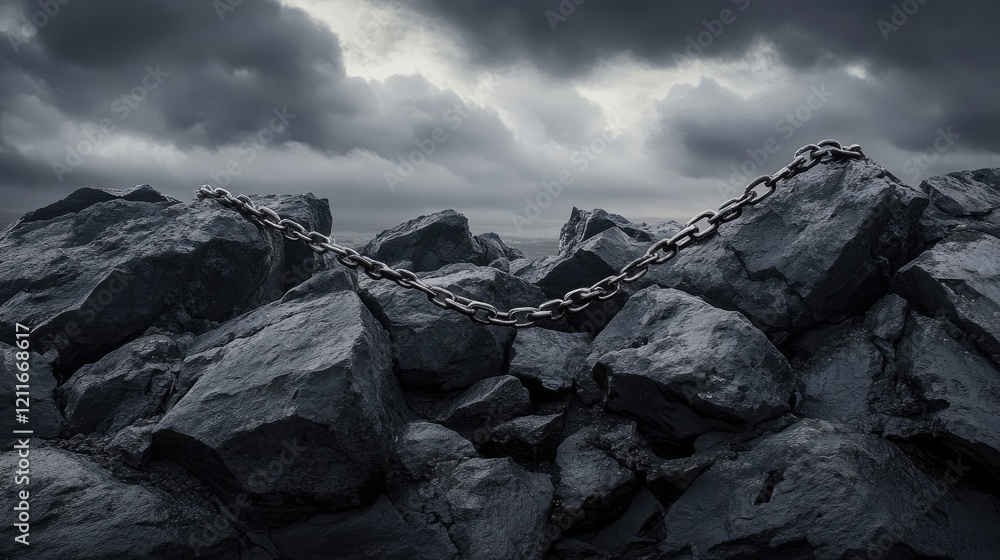 Aufkleber a powerful image showing a broken chain on jagged gray rocks with a dark, dramatic background, symbo