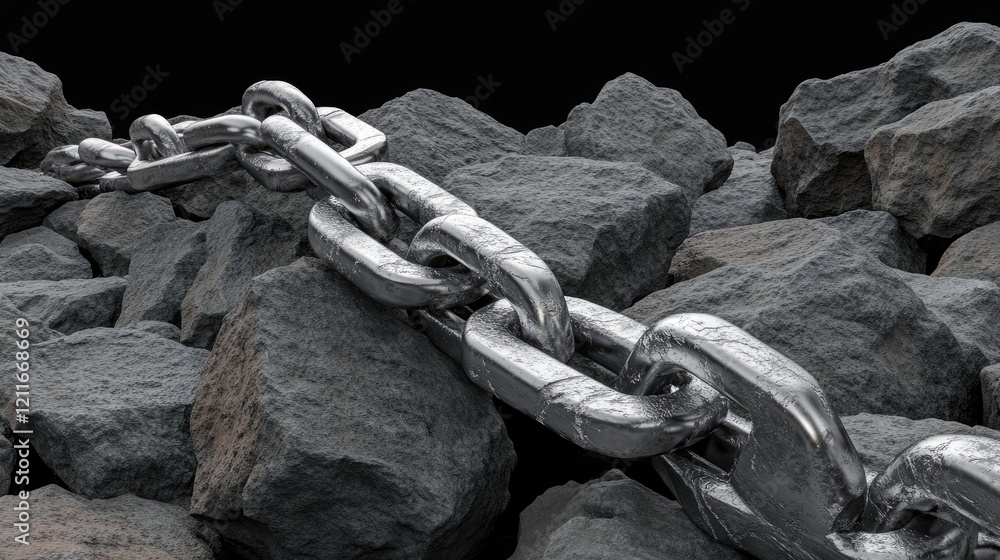 Aufkleber a powerful image showing a broken chain on jagged gray rocks with a dark, dramatic background, symbo