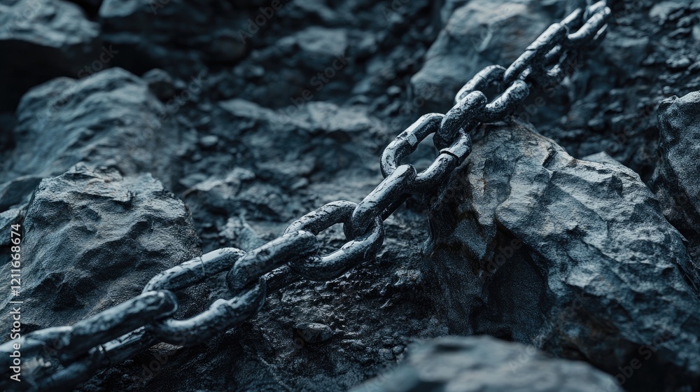 Aufkleber a powerful image showing a broken chain on jagged gray rocks with a dark, dramatic background, symbo
