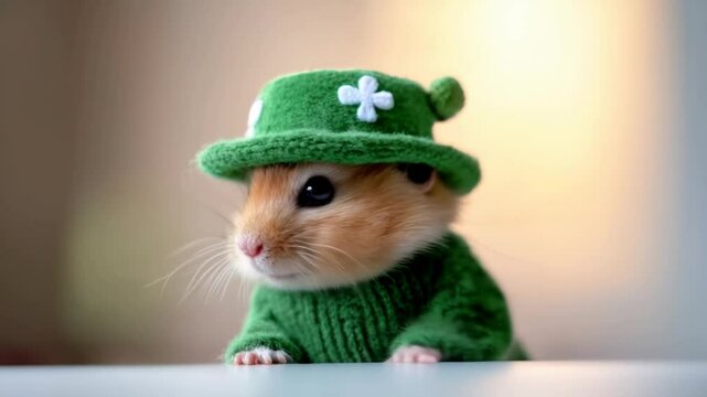 Cute hamster in a fancy hat on a light background. Celebrating St. Patrick's Day concept.   Banner with copy space