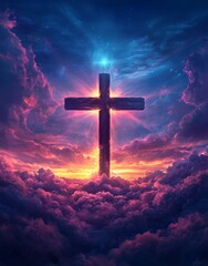 Fototapeta premium illustration of the cross with clouds in front and behind it