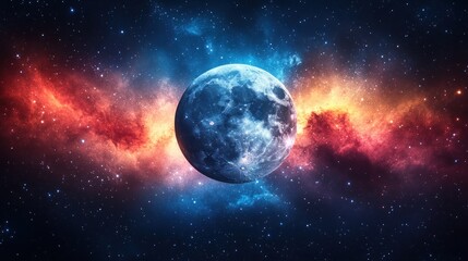 Naklejka premium Stunning cosmic view of a bright moon surrounded by colorful nebulae in deep space