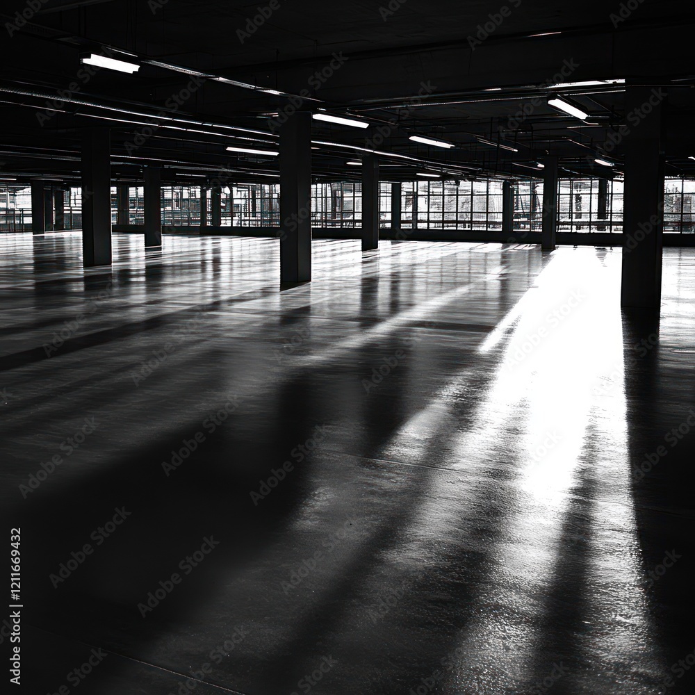 Poster sunlight streams through industrial building windows, illuminating empty floor