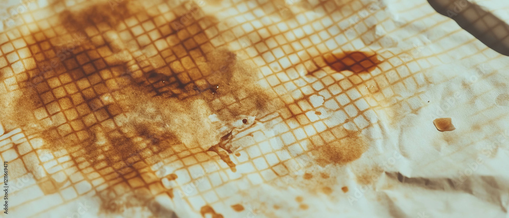 Poster coffee stains on grid paper create a vintage texture and artistic backdrop