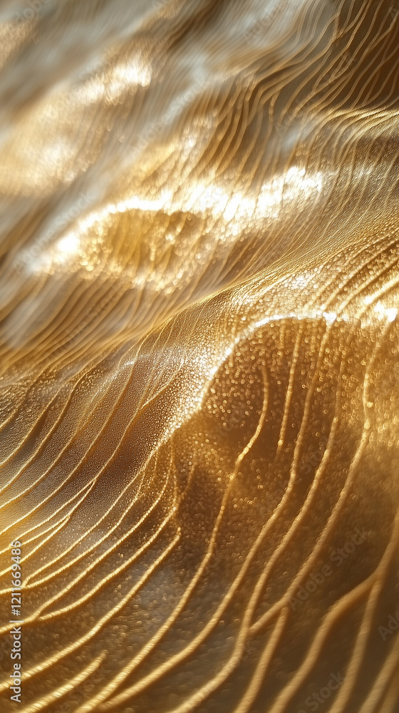 Poster rippled sand dunes with fine grains, illuminated by soft golden light, creating a pattern of light a