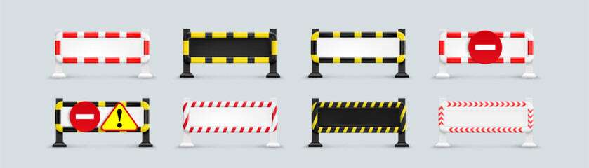 Warning road signs set isolated on background. Vector realistic illustration of 3D borders with traffic speed or movement restriction, caution, stop icons, highway or street repair site symbols