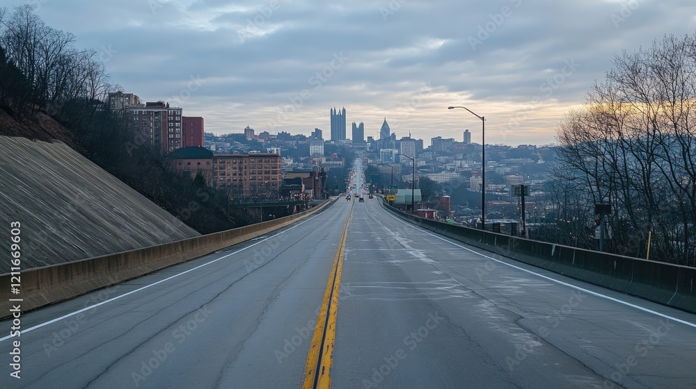 Poster a quiet asphalt highway in the morning, stretching into the distance with a panoramic city skyline u