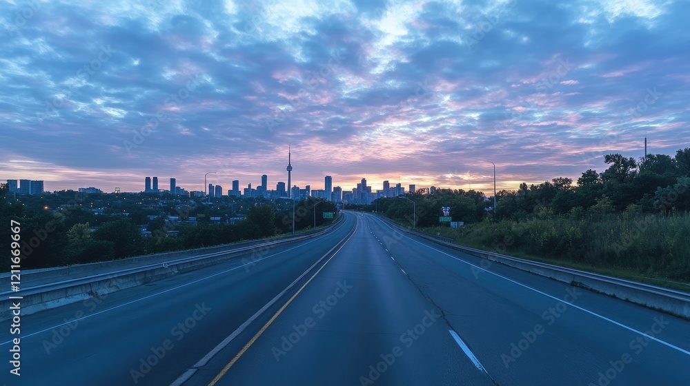 Poster a quiet asphalt highway in the morning, stretching into the distance with a panoramic city skyline u