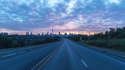 A quiet asphalt highway in the morning, stretching into the distance with a panoramic city skyline under a soft cloudy sky.