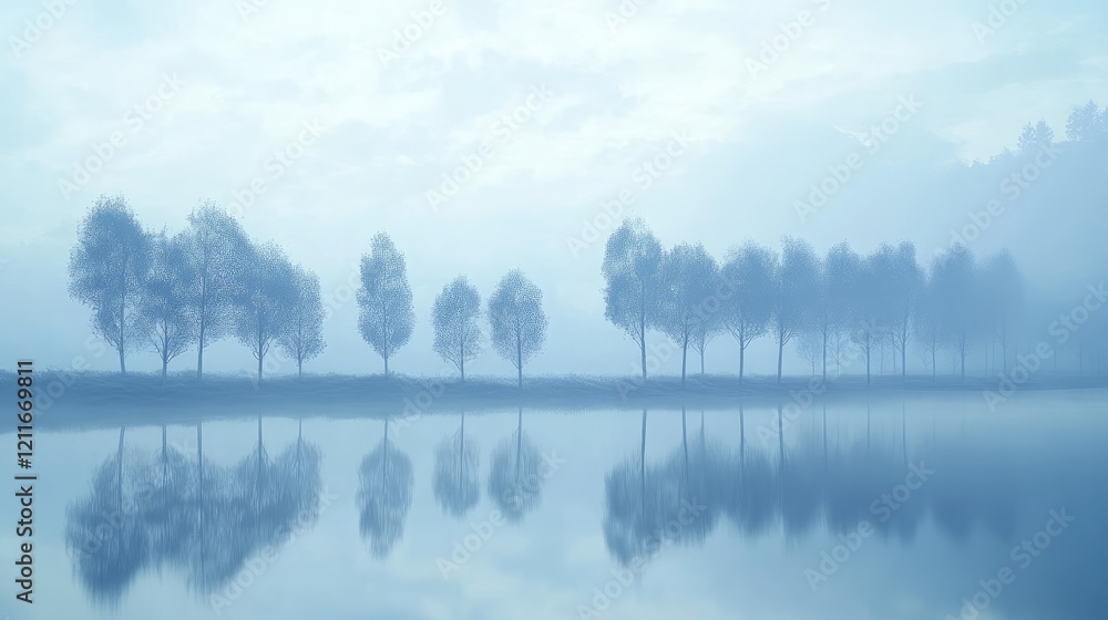 Poster a quiet foggy landscape, where a uniform line of trees adds symmetry and harmony, creating a peacefu