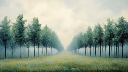 A quiet foggy landscape, where a uniform line of trees adds symmetry and harmony, creating a peaceful and calming scene.