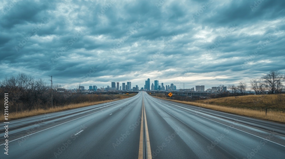 Poster a quiet morning highway leading to a panoramic city skyline, under a cloudy sky, creating a calm and