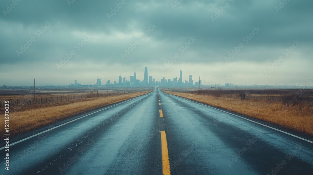 Poster a quiet morning highway leading to a panoramic city skyline, under a cloudy sky, creating a calm and