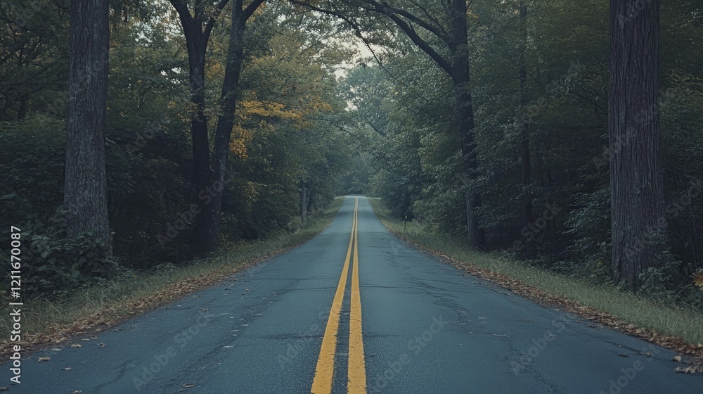 Poster a quiet road surrounded by trees, with a yellow line running through the middle, offering a peaceful