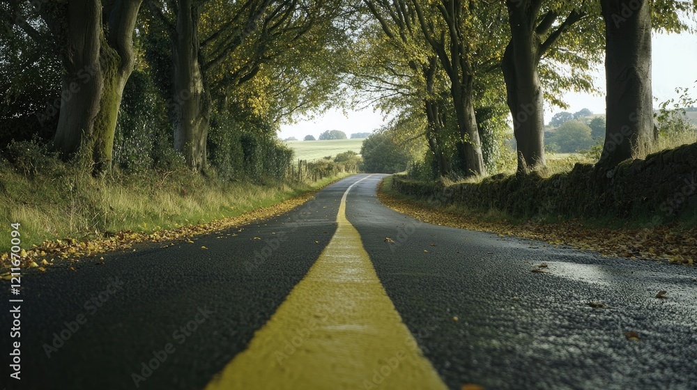 Poster A quiet, tree-lined road with a yellow line running down the center, creating a calm and inviting path through the countryside.