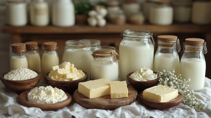 Fototapeta premium An inviting display of fresh dairy products, including bottles of milk, butter, cream, and powdered milk. The rustic wooden setting enhances the natural and organic appeal of these farm-fresh goods. 