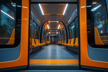 Fototapeta premium Inside the Cozy Blue Metro Car, The Interior of a Relaxing and Comfortable Transit System