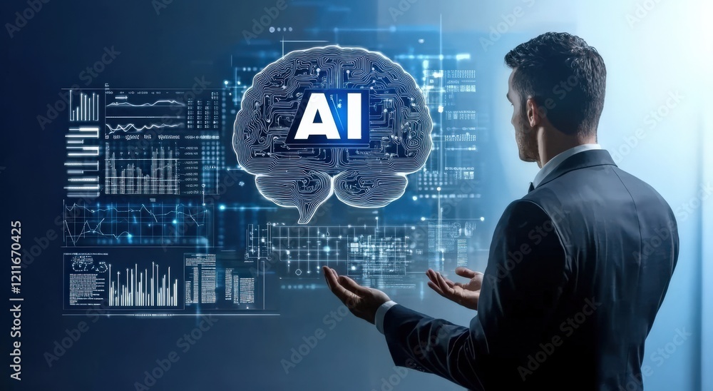 Poster business man holding brain and chart in his hand, background image of artificial intelligence concep