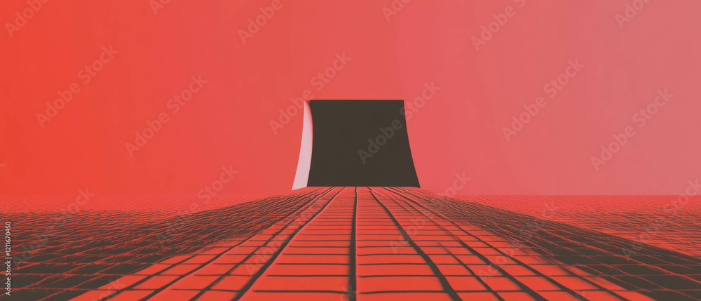 Poster bold geometric design on red grid paper with black lines in modern aesthetic