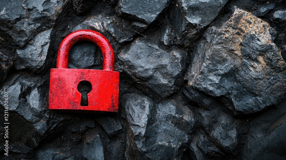 Poster a red padlock stands out against rough black stones, symbolizing security and protection, with a sha