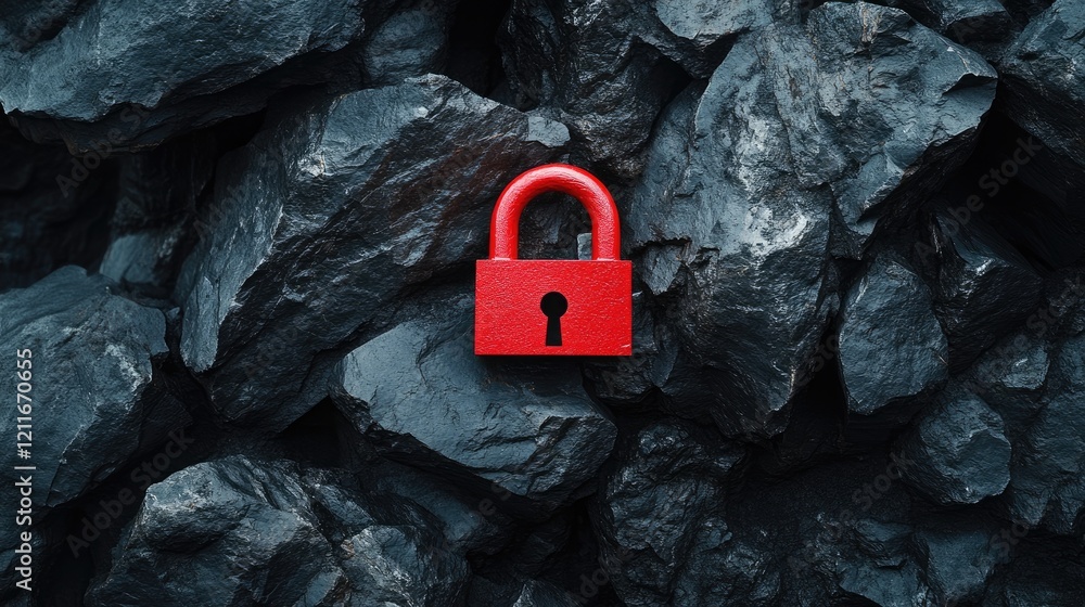 Poster a red padlock stands out against rough black stones, symbolizing security and protection, with a sha
