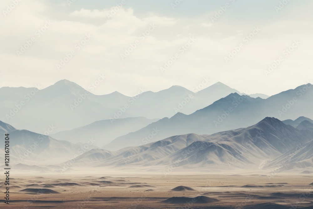 Poster stunning panoramic view of hazy desert landscape with fading mountain ranges creating a serene and m