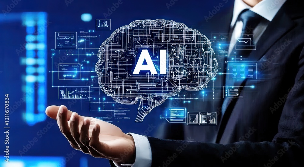 Poster business man holding brain and chart in his hand, background image of artificial intelligence concep
