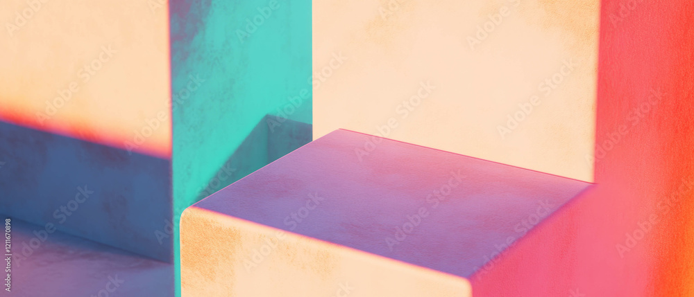 Poster exploring vibrant geometric shapes with rich textures and contrasting shadows