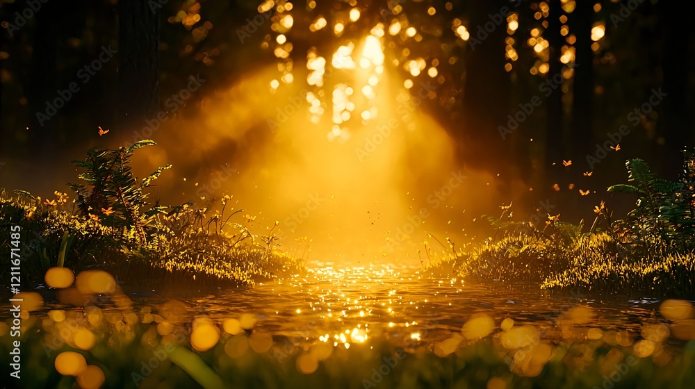 Poster Serene Sunset in Forest with Gentle Stream and Sparkling Fog