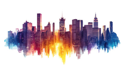 Fototapeta premium Vibrant city skyline with colorful reflections over isolated on transparent background