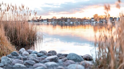 Fototapeta premium Calm sunset over harbor, reeds, stones. Peaceful waterfront scene. Ideal for travel brochures