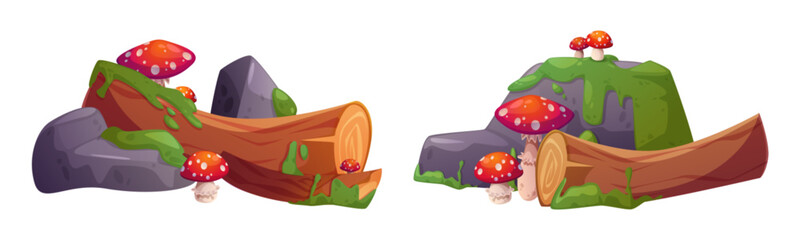Swamp forest terrain pieces with fallen logs, gray rocks, moss and red spotted mushrooms. Mossy landscape elements covered by green slime, decorated with toadstools. Natural environment game assets.