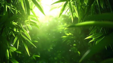 Lush Green Bamboo Forest with Sunlight and Soft Glowing Atmosphere